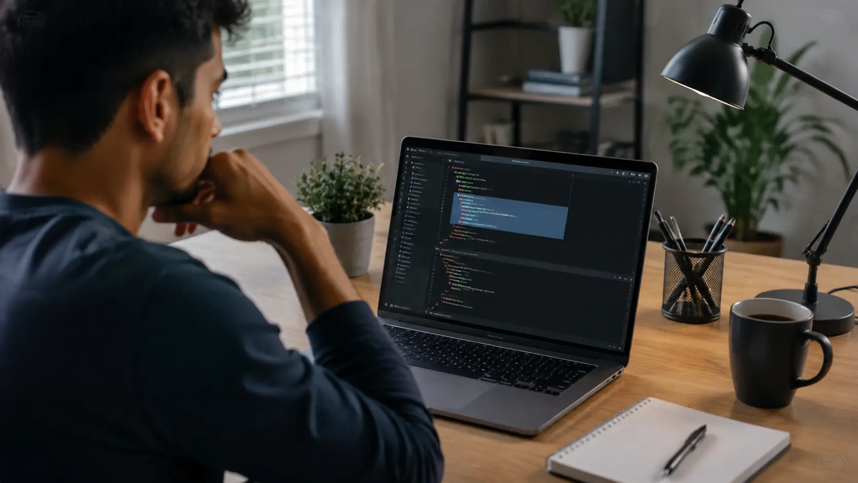 developer reviewing code on laptop while working on software logic and programming bugs
