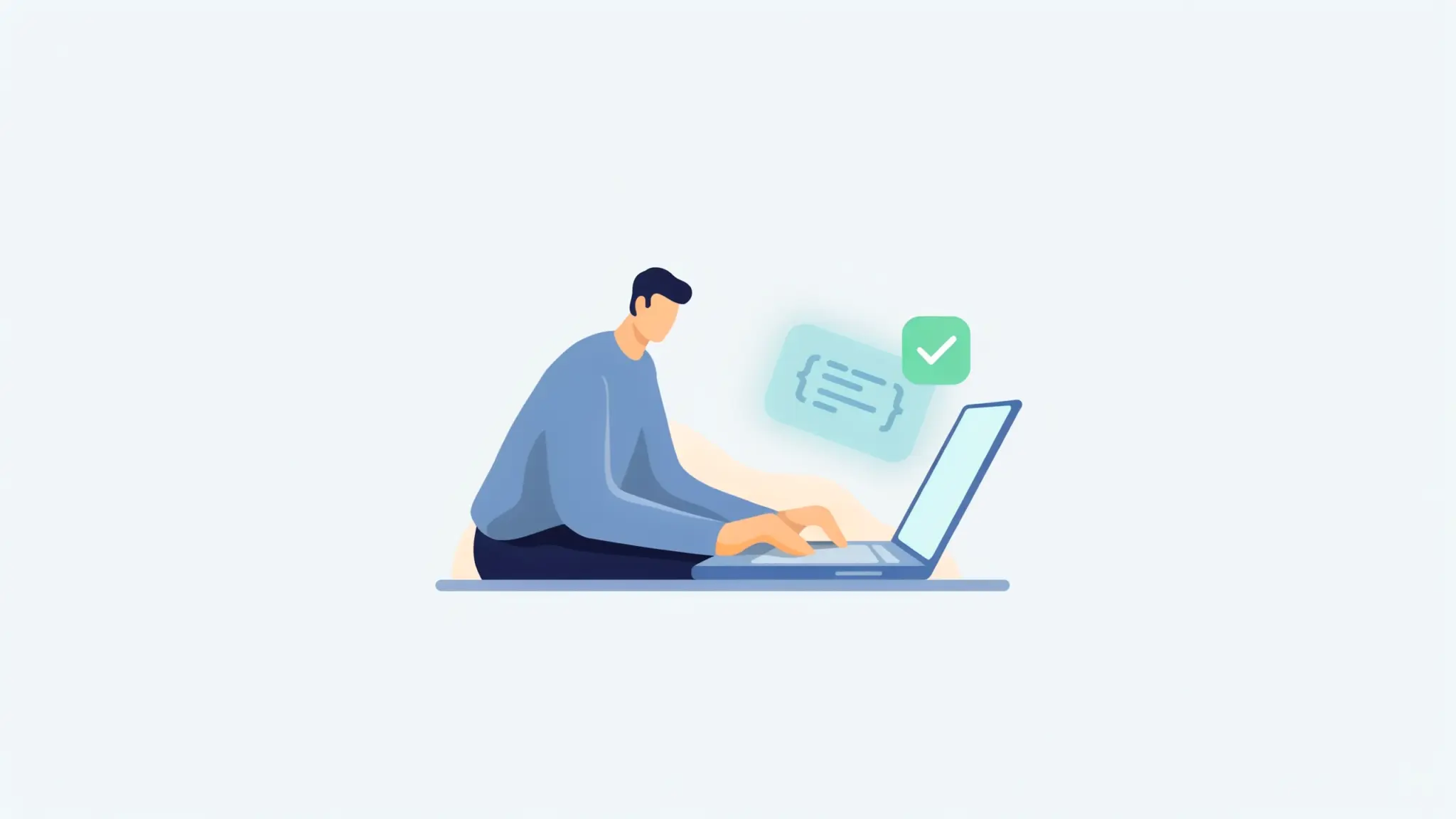 developer testing code on laptop with software validation check and quality assurance process illustration
