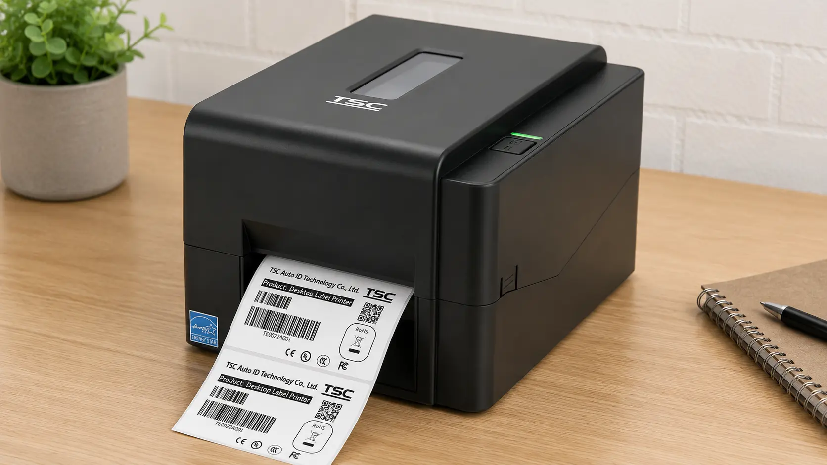 direct thermal printer producing barcode labels on a desktop workspace