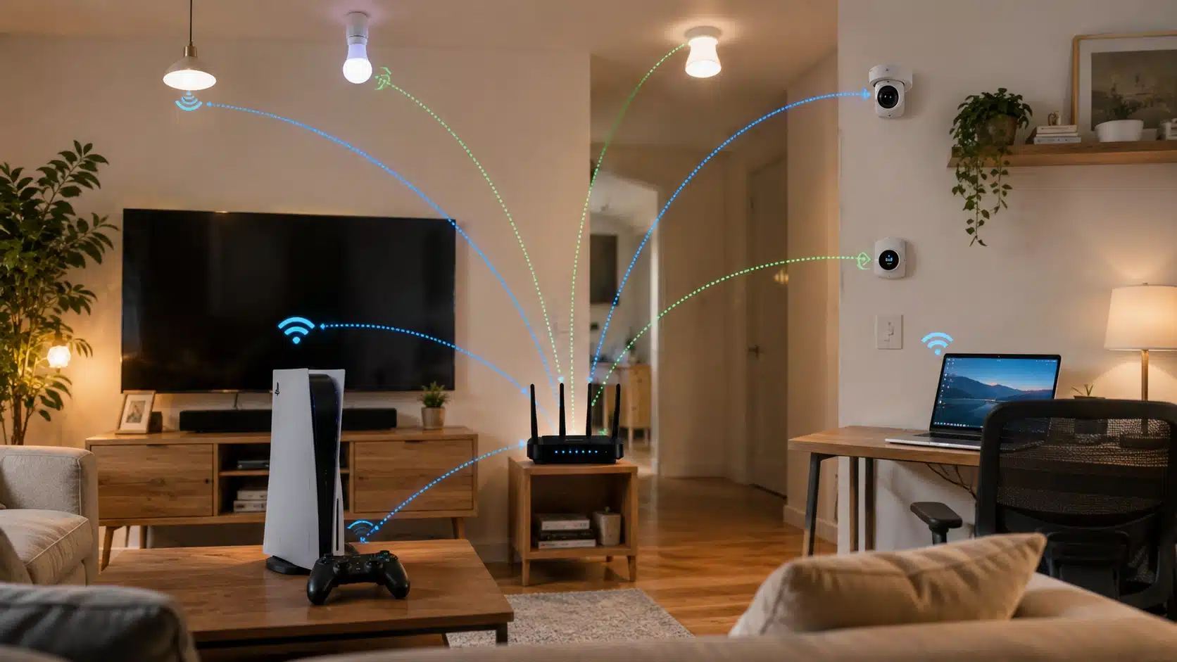 dual band router distributing wifi signals across a home with smart speaker tv and connected devices