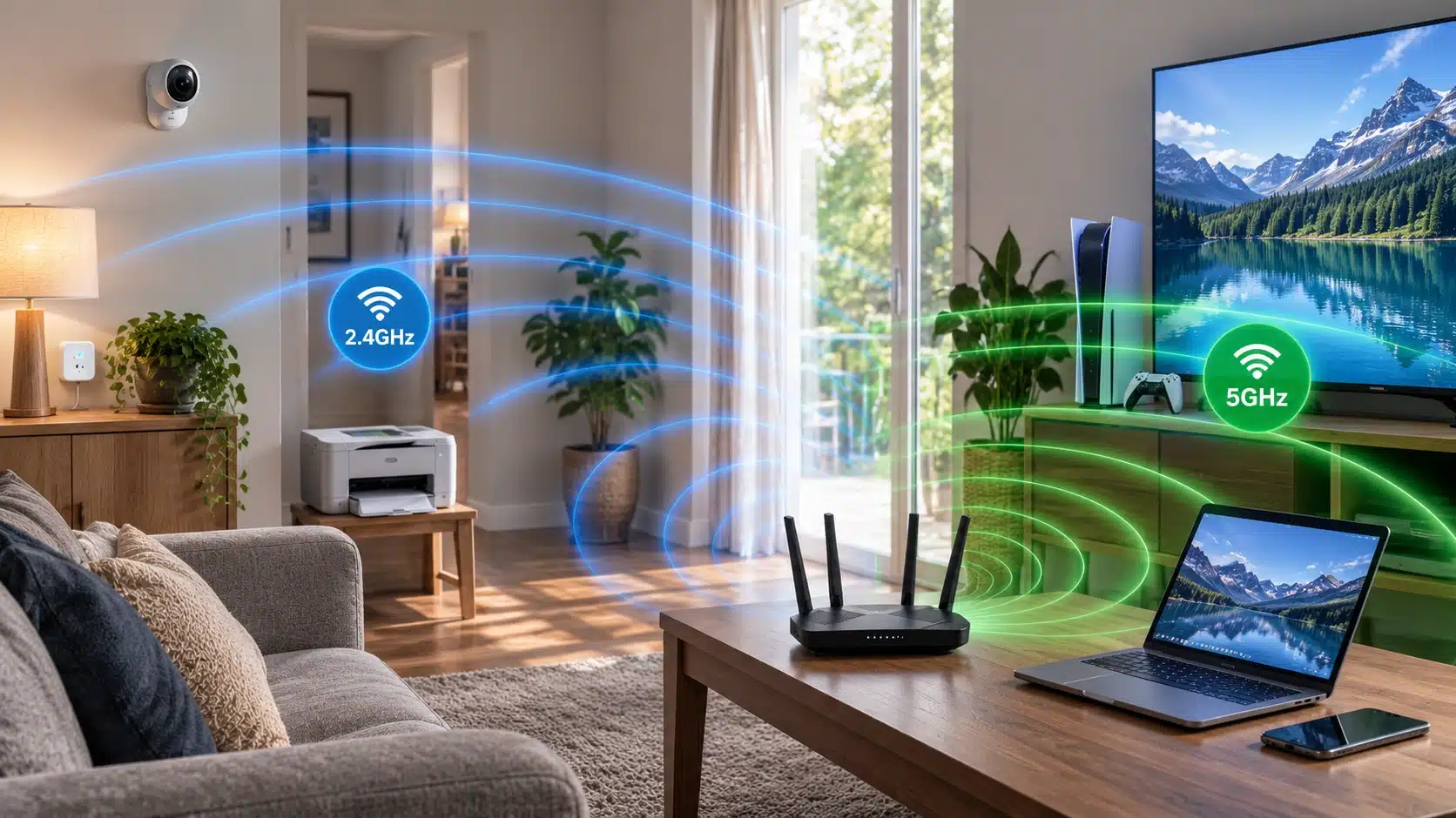 dual band router showing 2.4ghz and 5ghz wifi coverage with gaming console laptop and smart tv connections