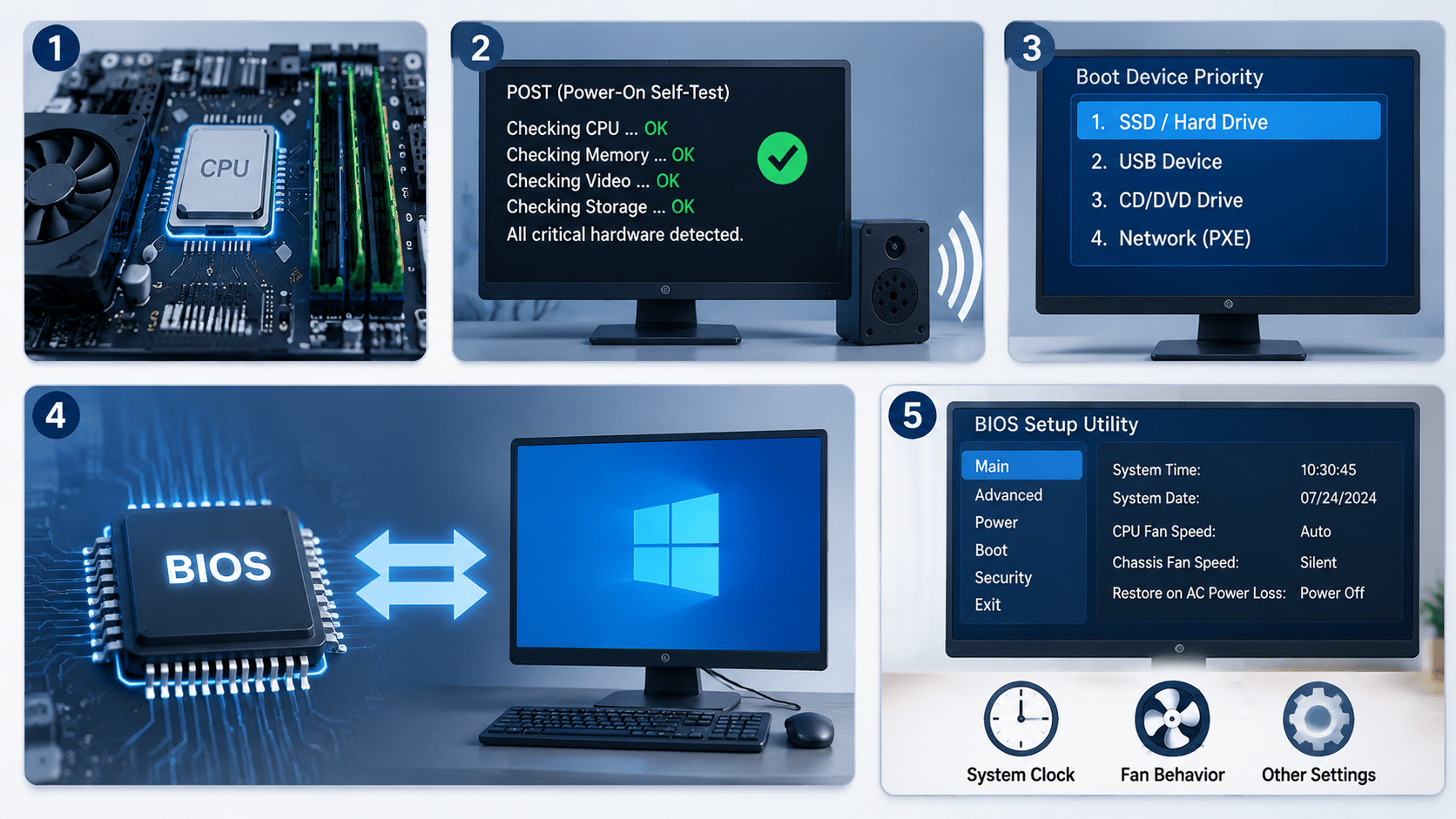 five numbered bios functions infographic with computer hardware post boot selection communication and settings visuals