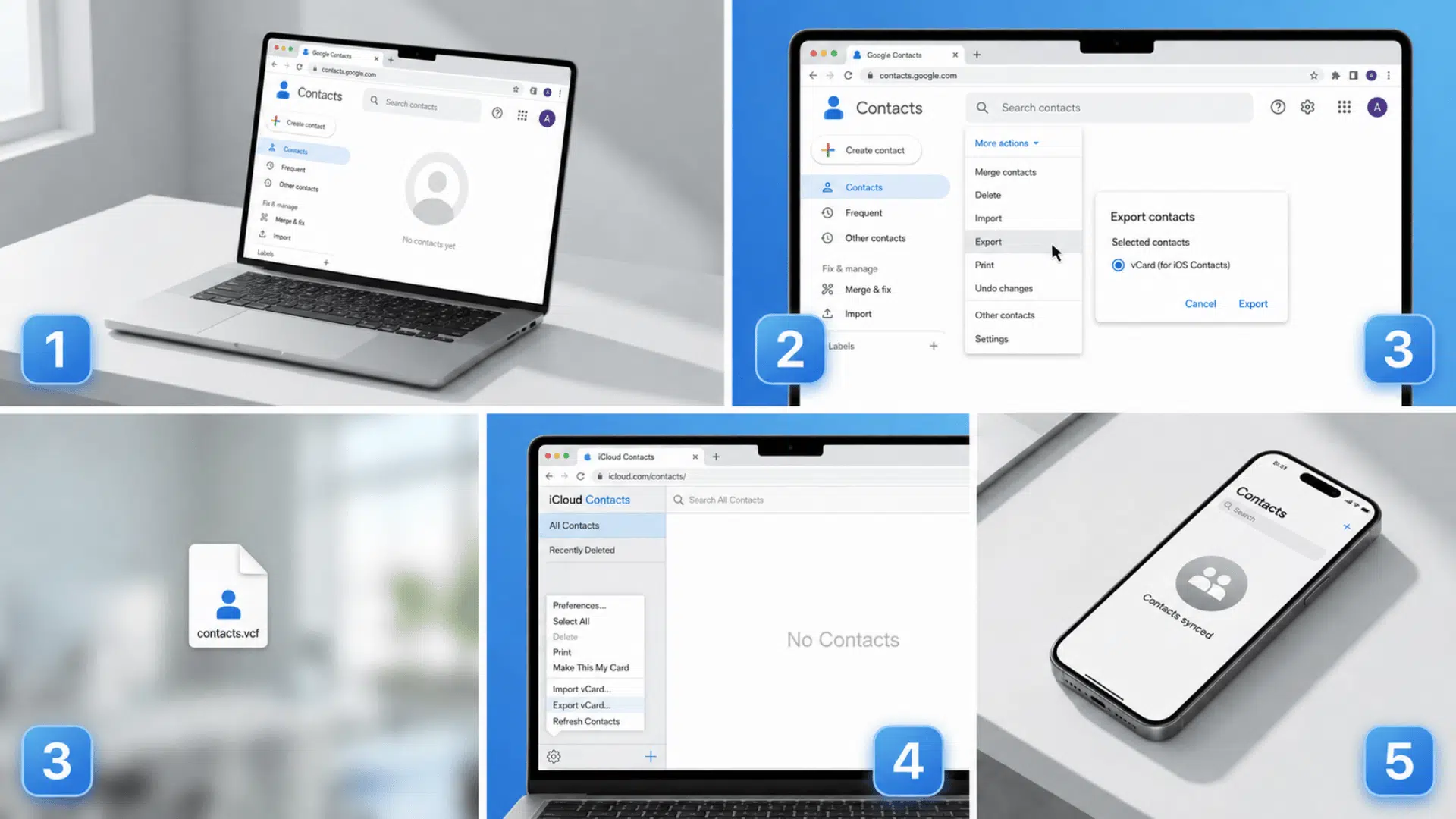 Five steps for exporting Google contacts as one vCard and syncing them to iPhone