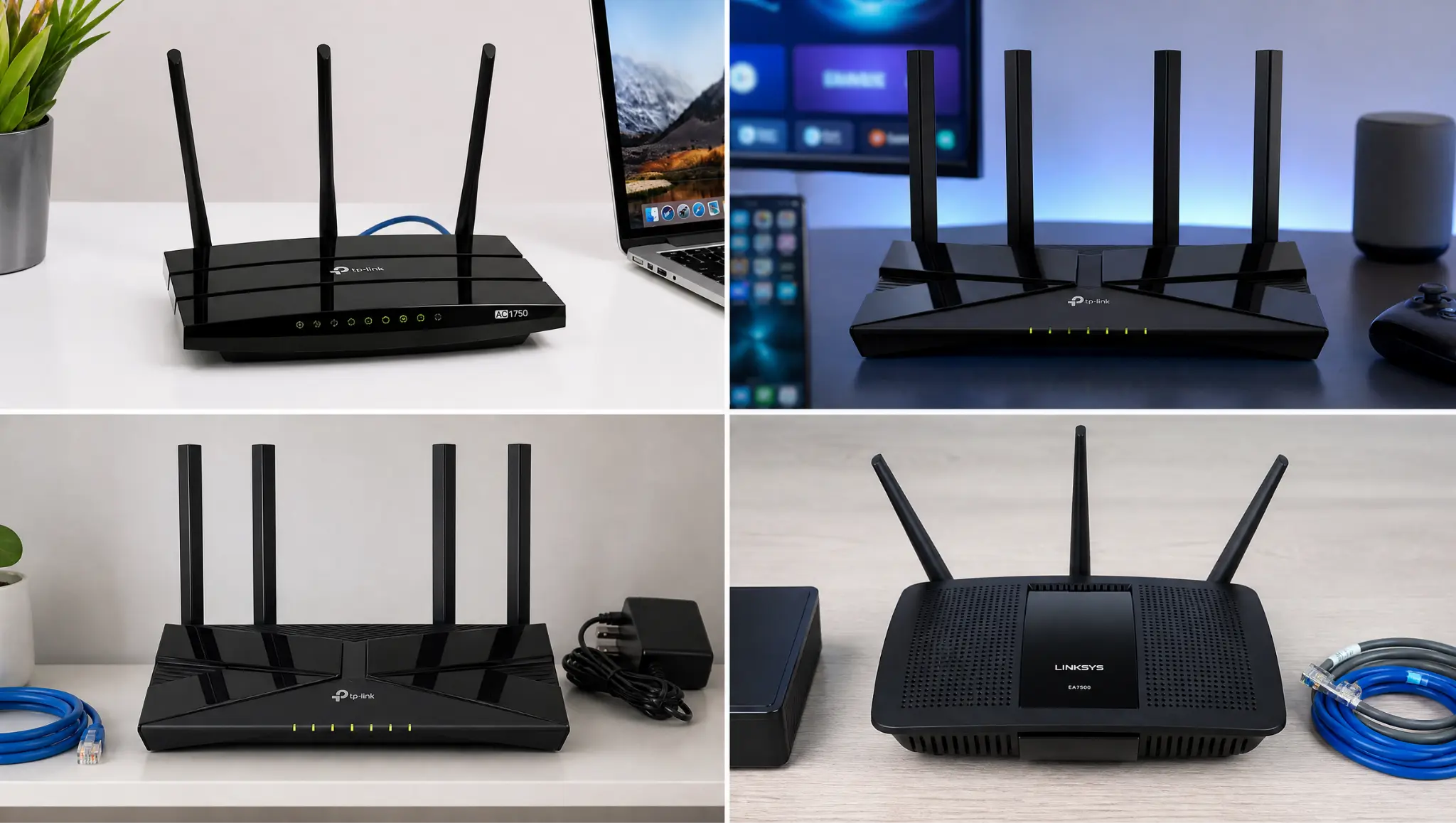 four dual band wifi routers including tp-link and linksys models shown in a product comparison collage on desks