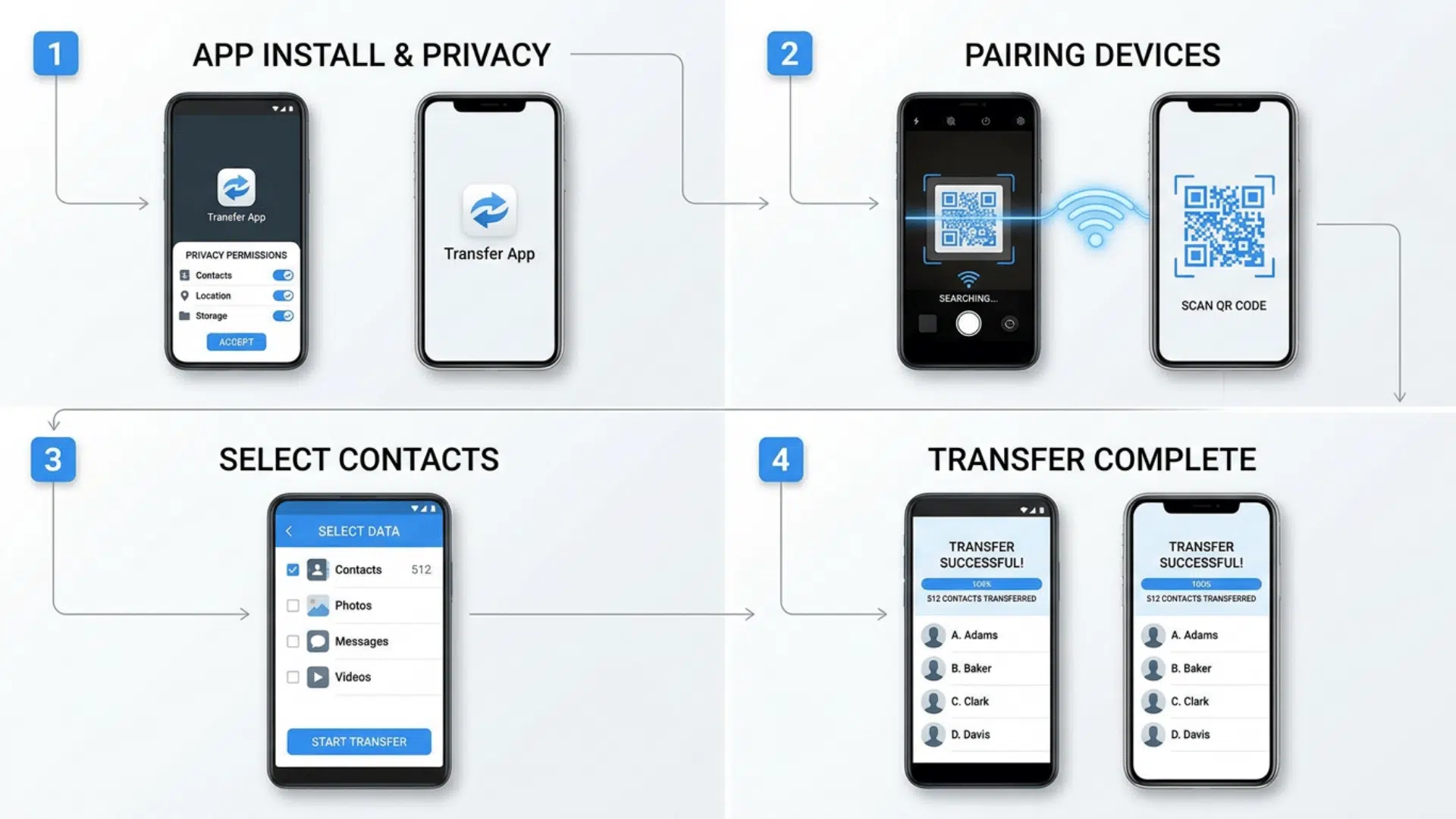 four panels show a transfer app pairing two phones and copying selected contacts
