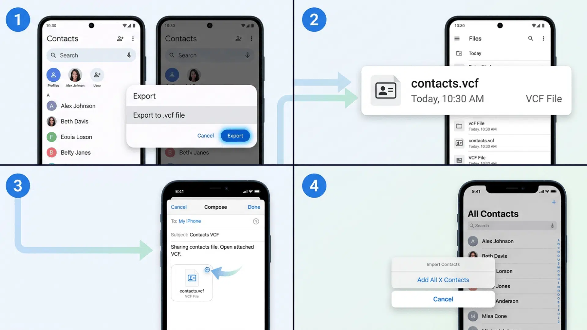 four steps display a vcf contact file exported, emailed, and opened on an iphone