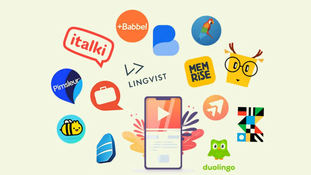 Illustration of popular free language-learning apps, including Duolingo, Babbel, Memrise, and Busuu.