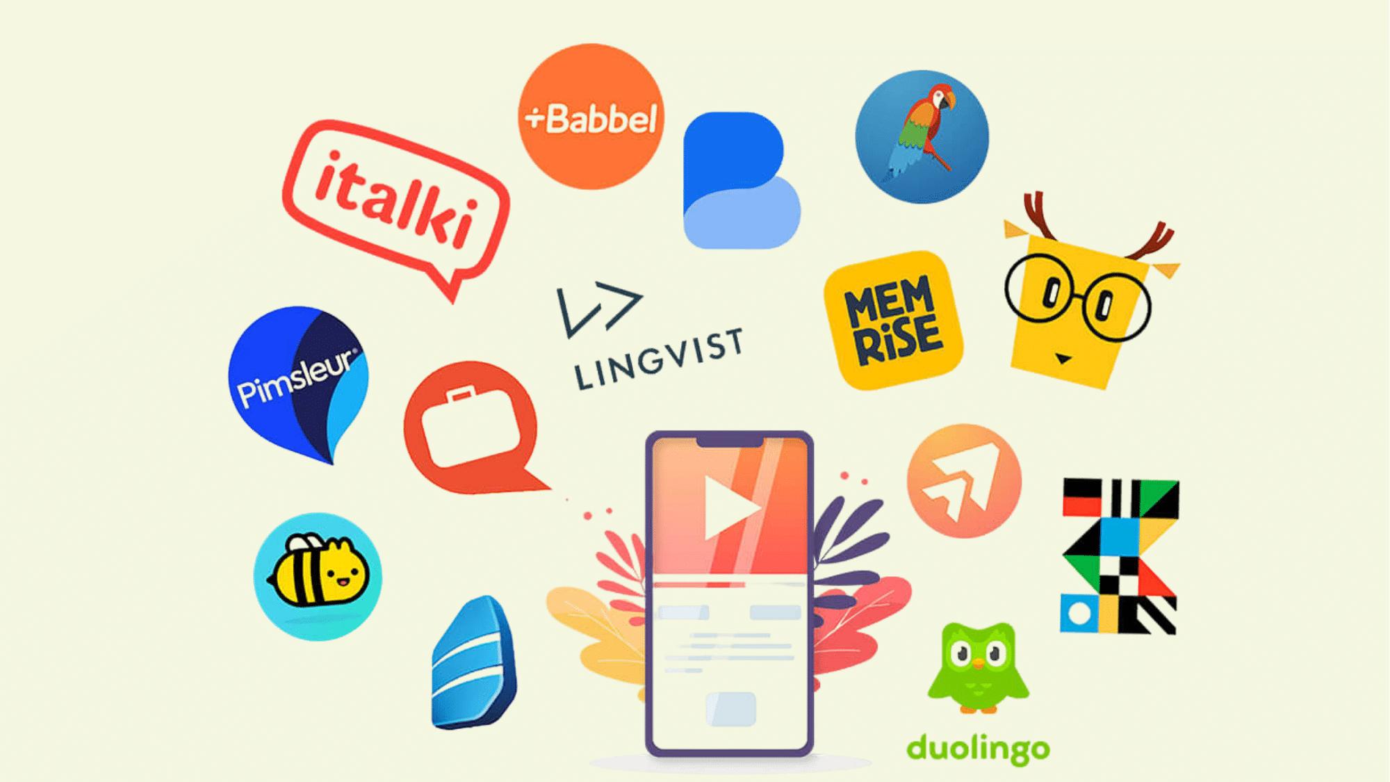 Illustration of popular free language-learning apps, including Duolingo, Babbel, Memrise, and Busuu.