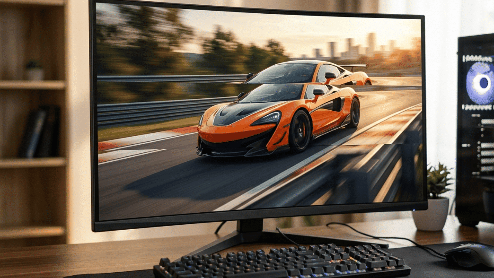 gaming monitor showing obvious screen tearing across an orange race car during fast motion