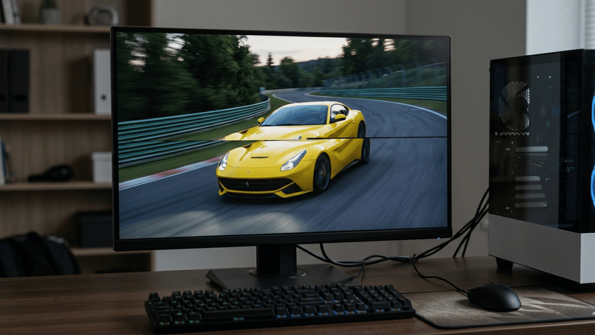 gaming monitor showing visible screen tearing across a fast-moving yellow racing car