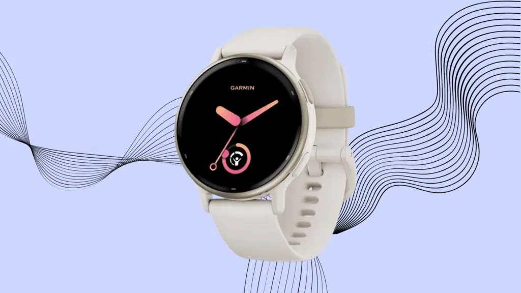 White Garmin Vivoactive 5 with pink watch face on a light background