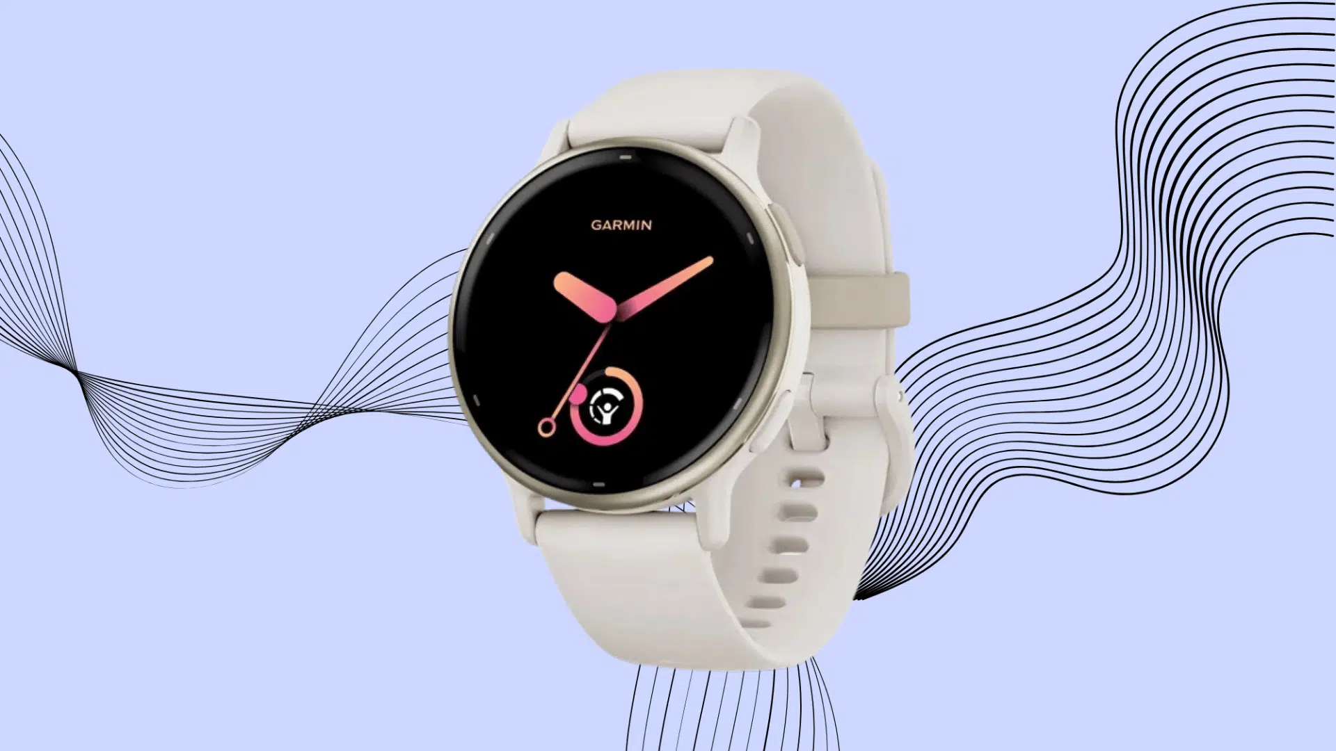 White Garmin Vivoactive 5 with pink watch face on a light background