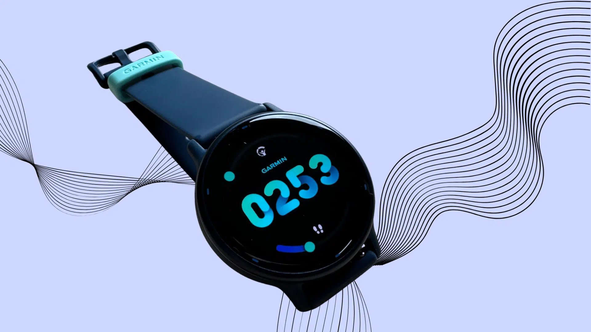Garmin Vivoactive 5 with blue strap on a light graphic background