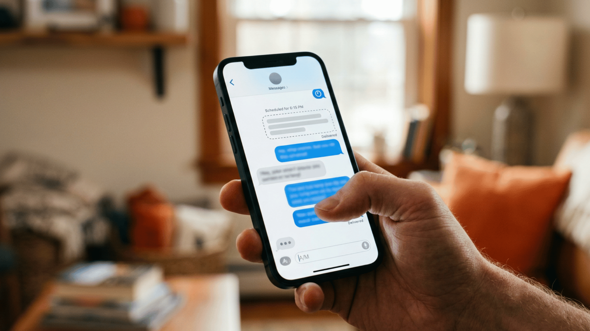 Hand holding an iPhone with a scheduled message shown in dashed outline