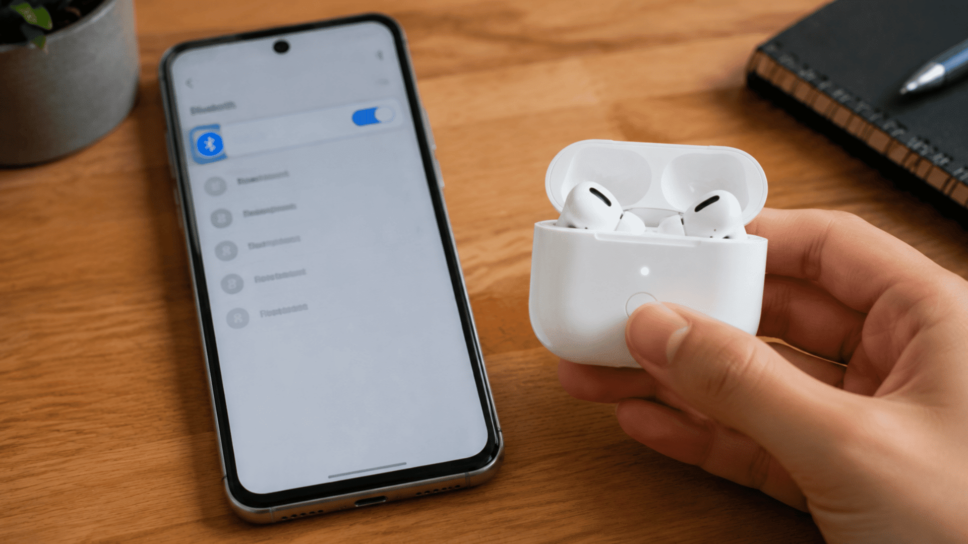 hand pressing setup button on AirPods case beside Android Bluetooth pairing menu