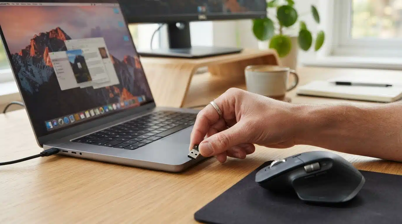 hand reconnecting wireless mouse usb receiver to laptop port during connection troubleshooting