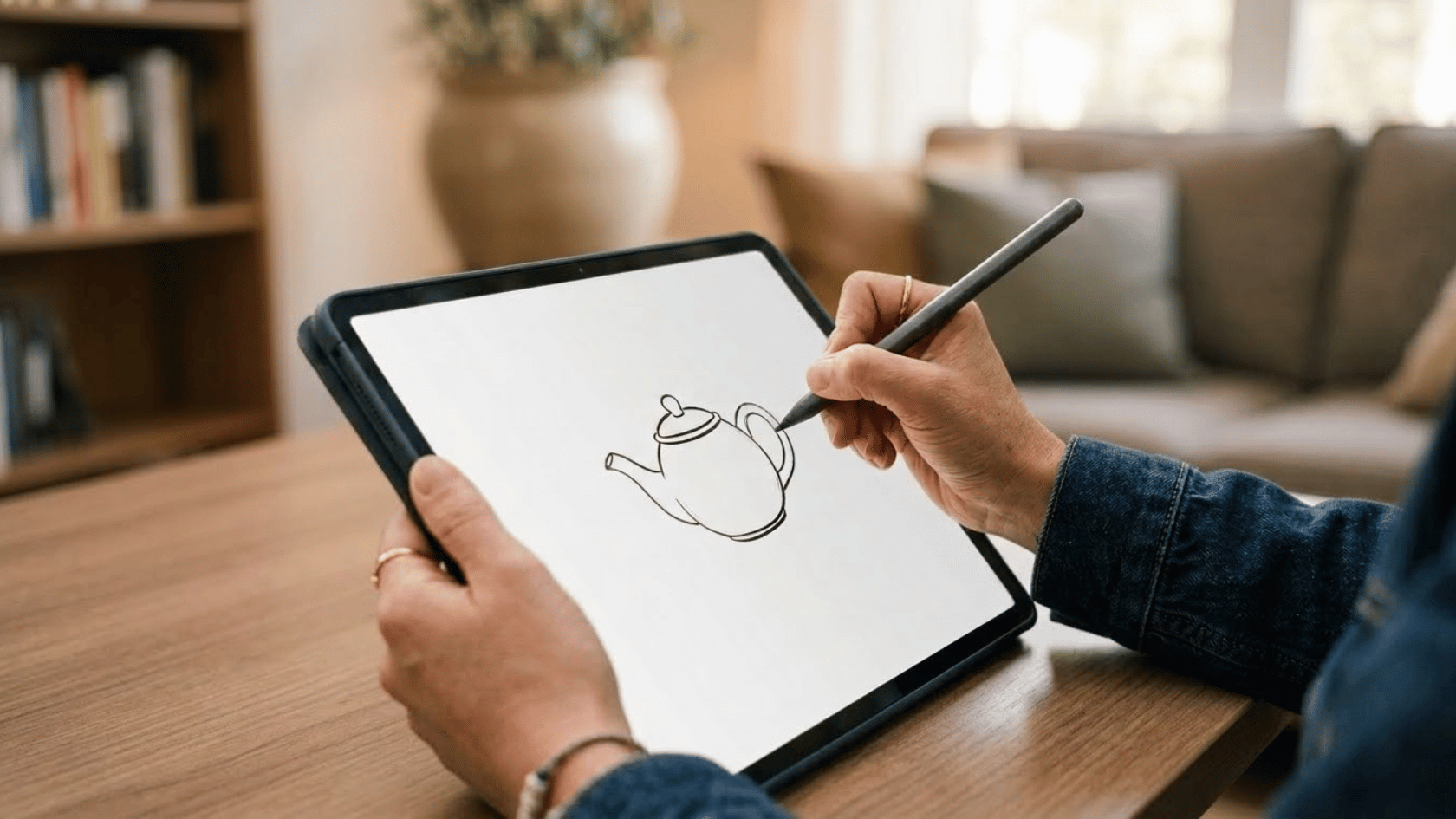 hand using S Pen to sketch on samsung galaxy tab s10 fe screen outdoors