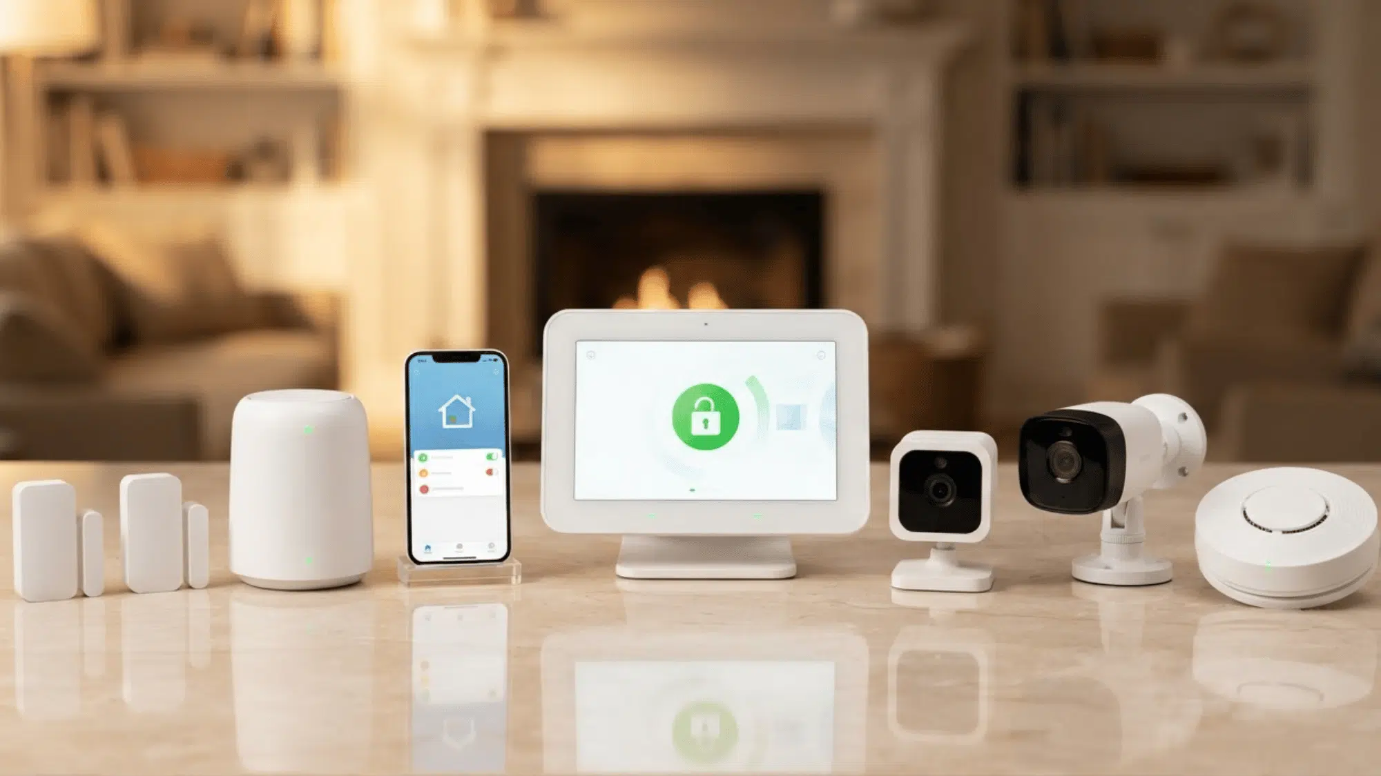 Complete white home security system with cameras, sensors, smart hub, and panel on marble countertop