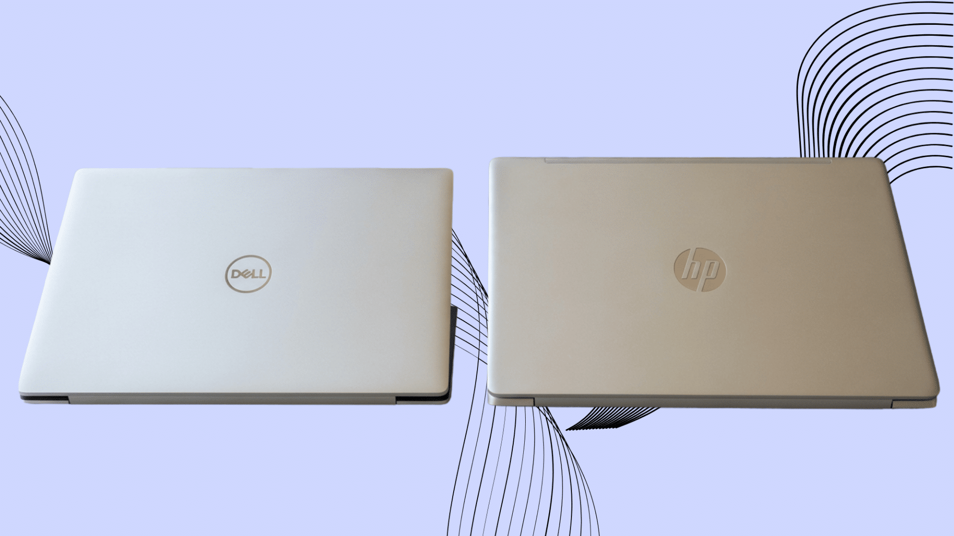 closed silver dell and hp laptops placed side by side on a light blue background