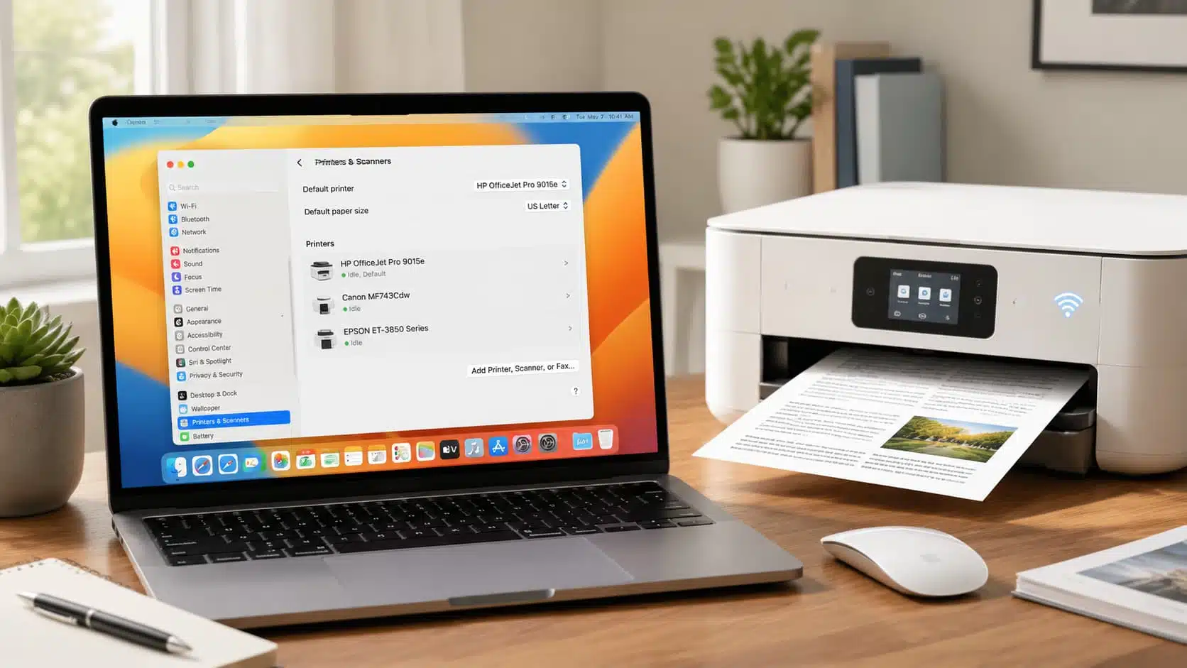 macbook showing printer setup settings beside a wireless printer on a home office desk