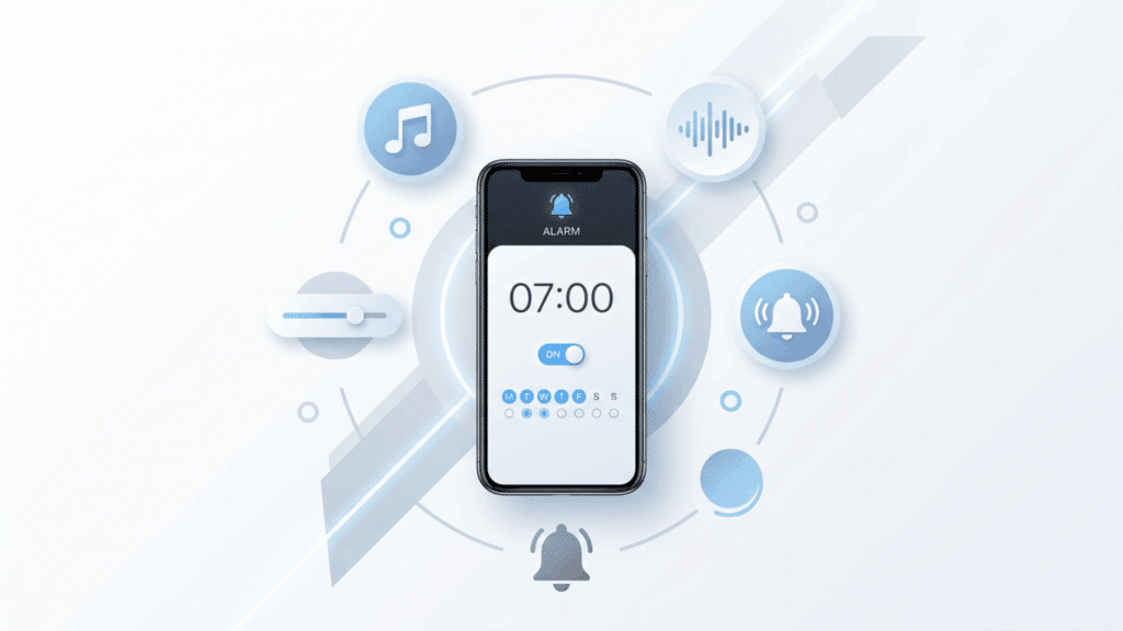 iPhone displaying a 7:00 alarm with music, volume, waveform and bell icons.