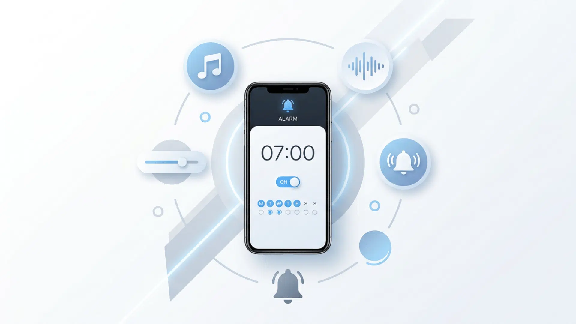 iPhone displaying a 7:00 alarm with music, volume, waveform and bell icons.