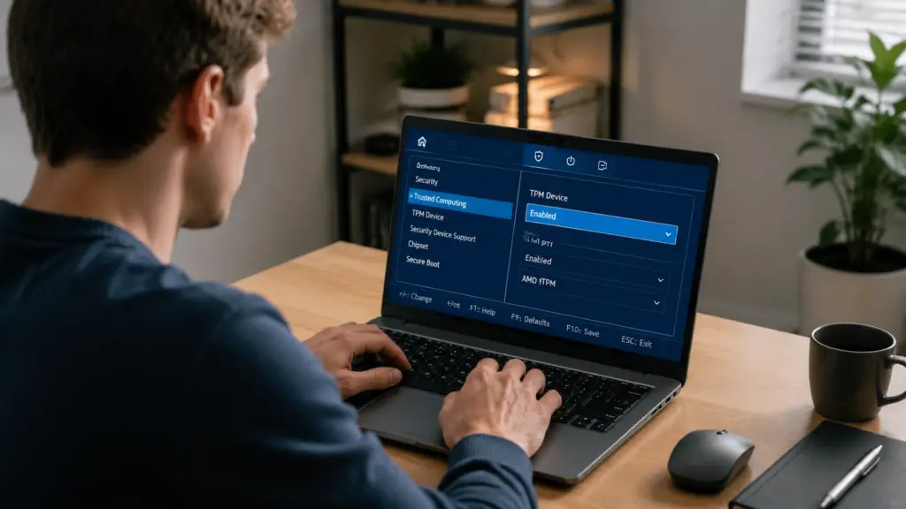 person enabling tpm 2.0 on laptop through bios security settings in a home office setup
