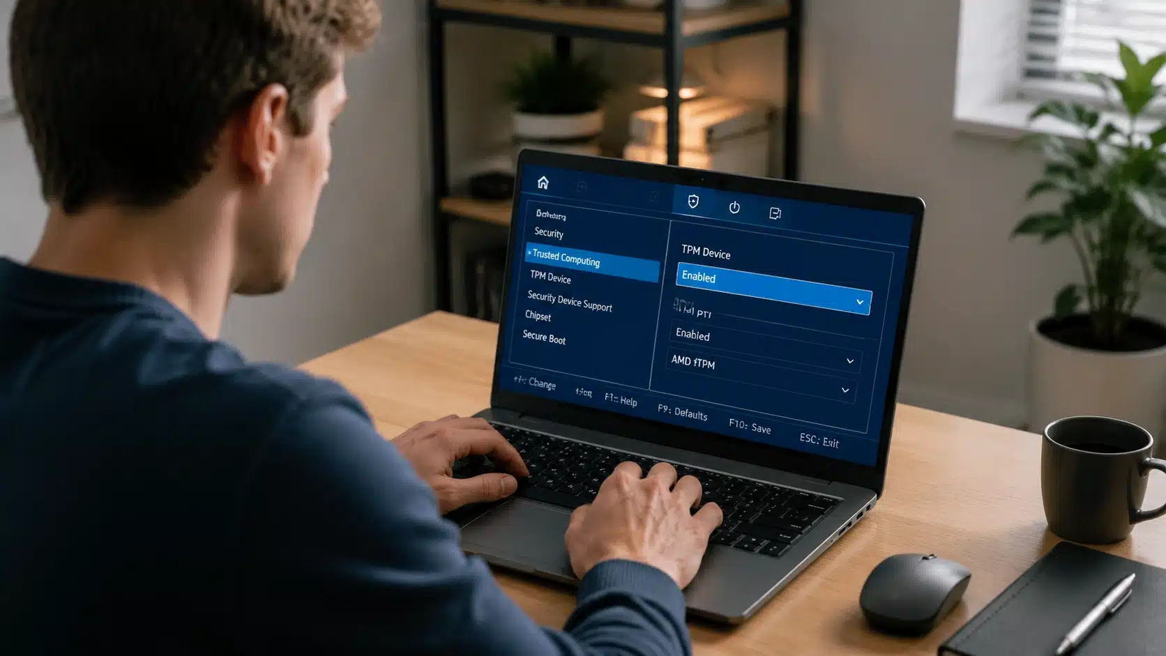 person enabling tpm 2.0 on laptop through bios security settings in a home office setup