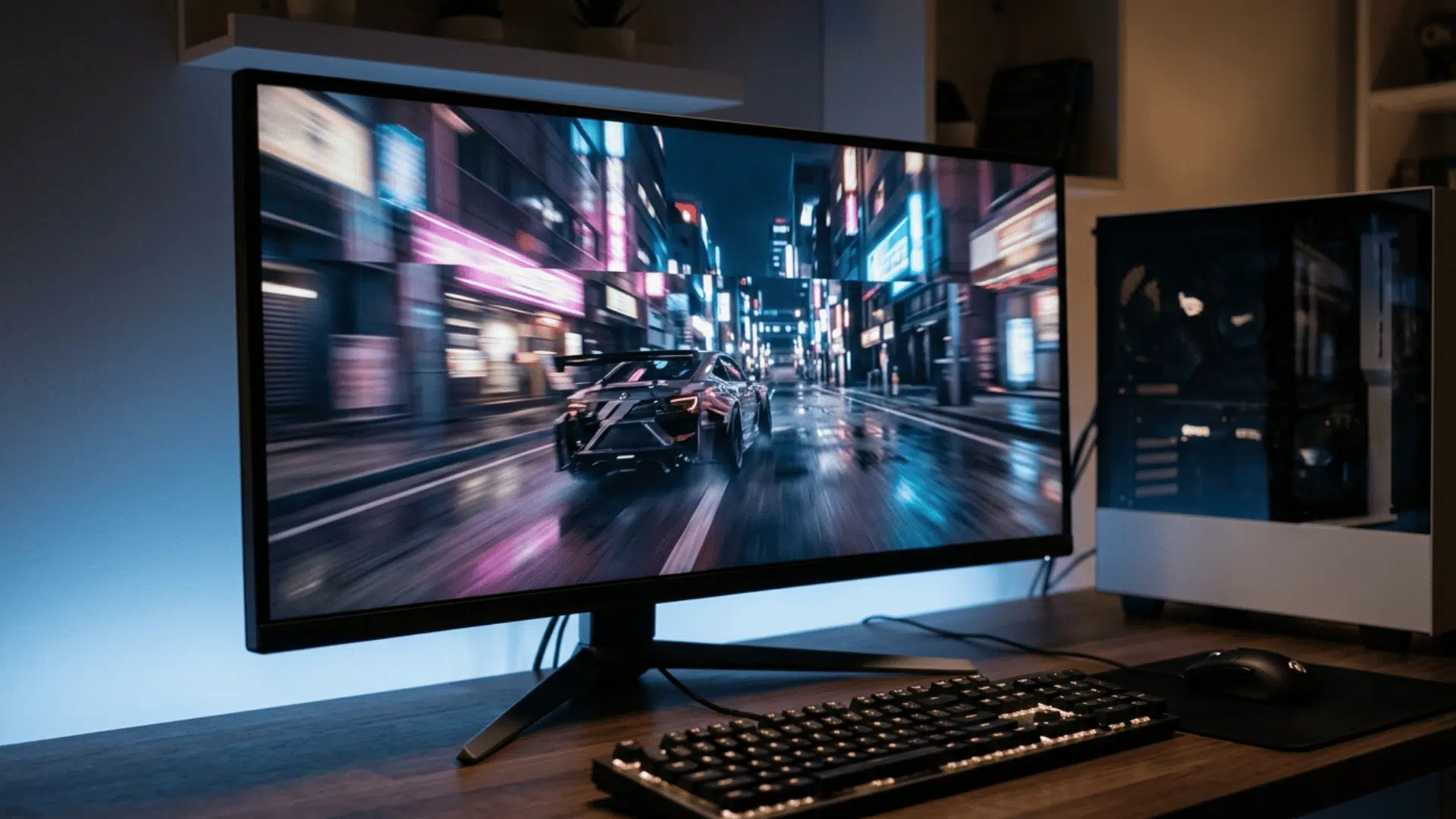 gaming monitor showing visible screen tearing during a fast-moving nighttime racing scene