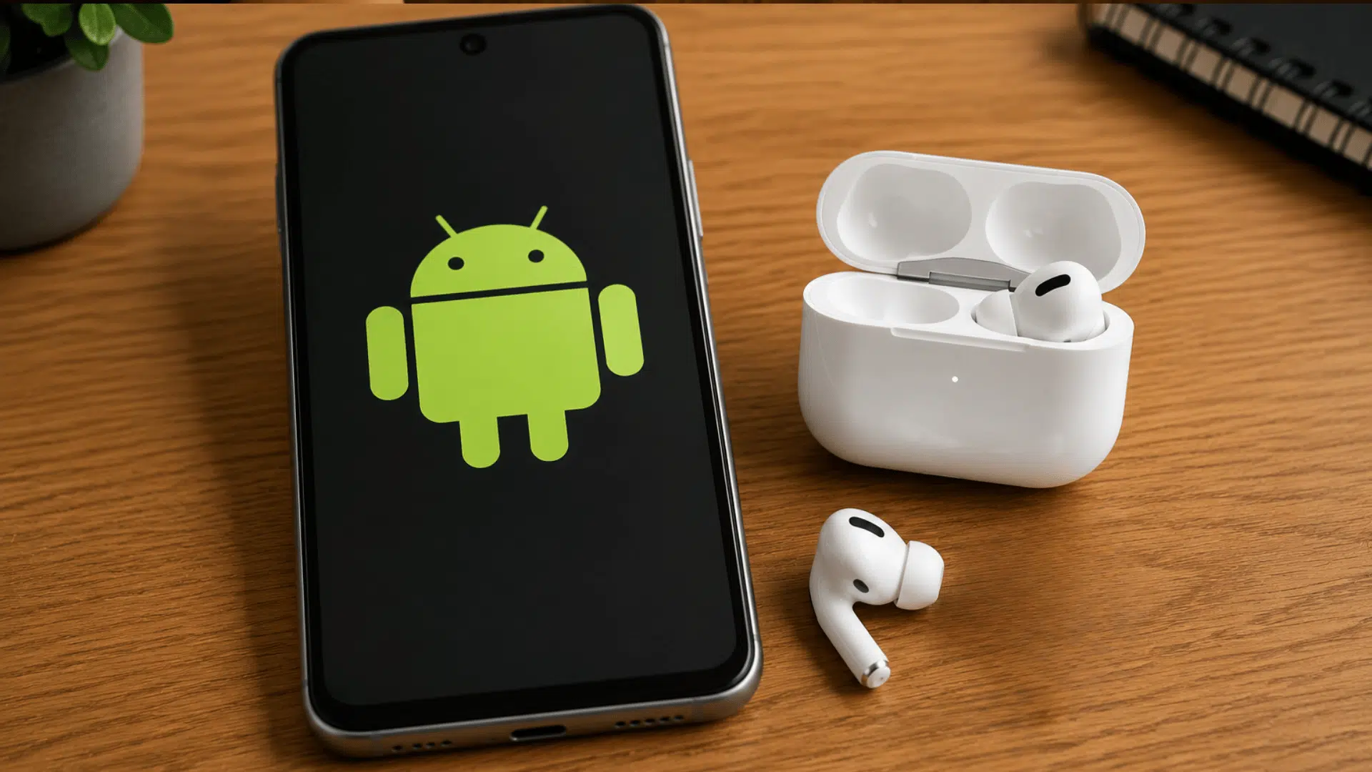 phone with Android logo on screen beside AirPods Pro case and one loose earbud