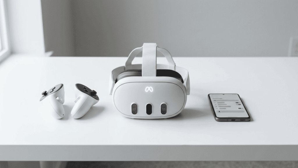 meta quest 3 headset with controllers and a smartphone on a clean white desk