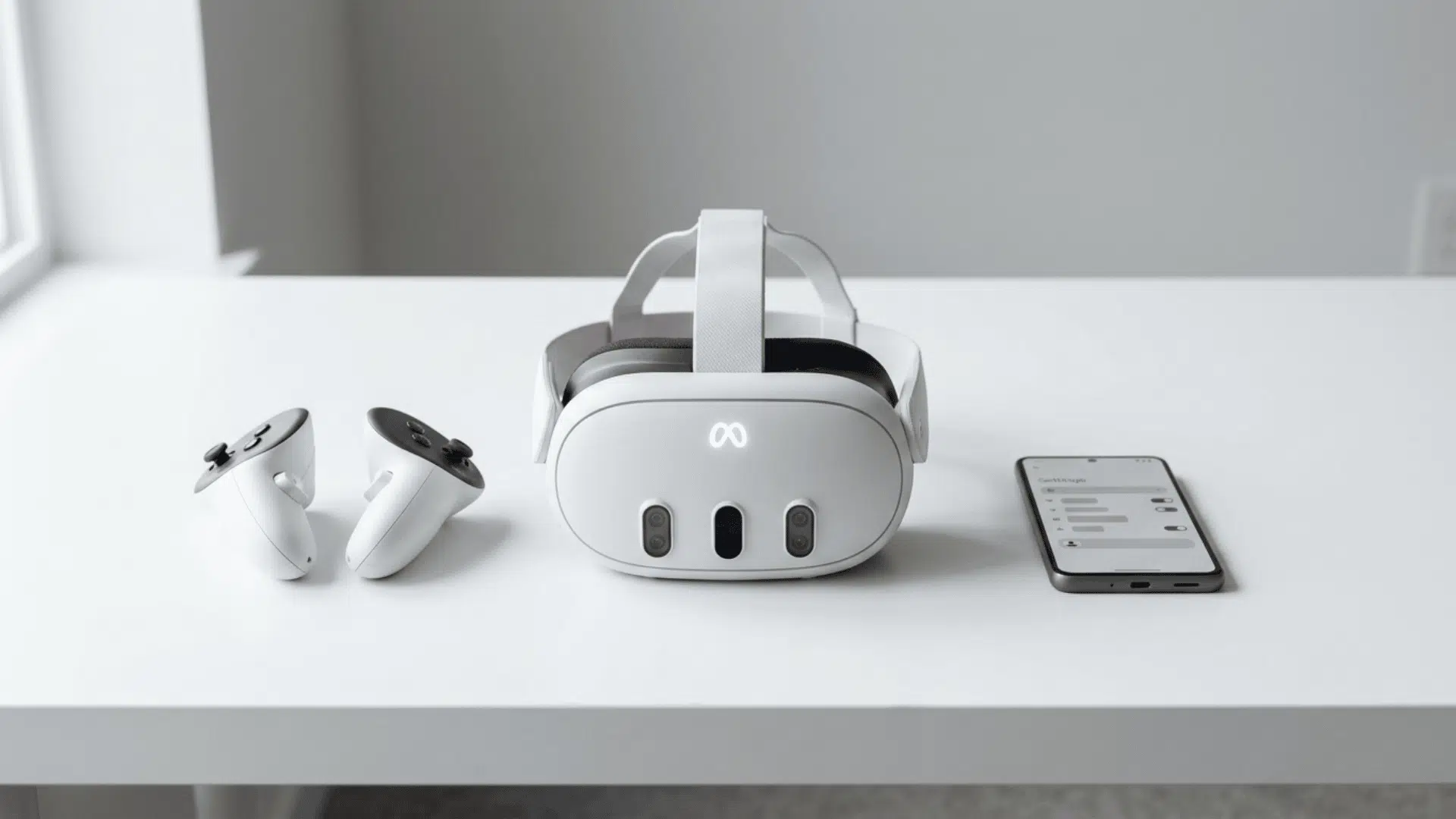 meta quest 3 headset with controllers and a smartphone on a clean white desk