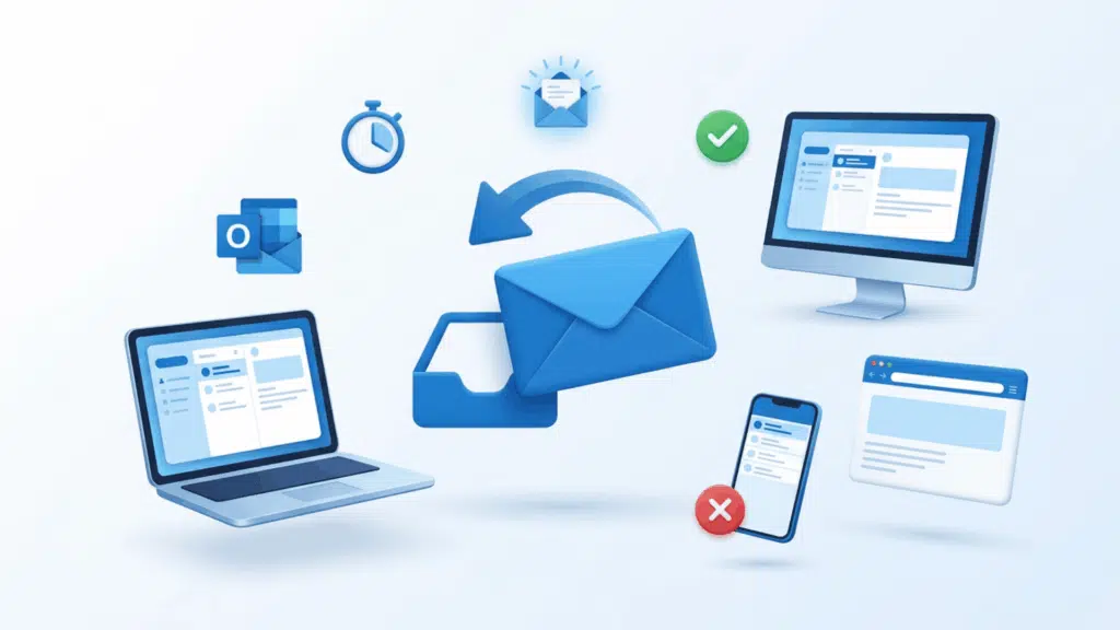 outlook email recall shown on a desktop, laptop, smartphone, and web browser app