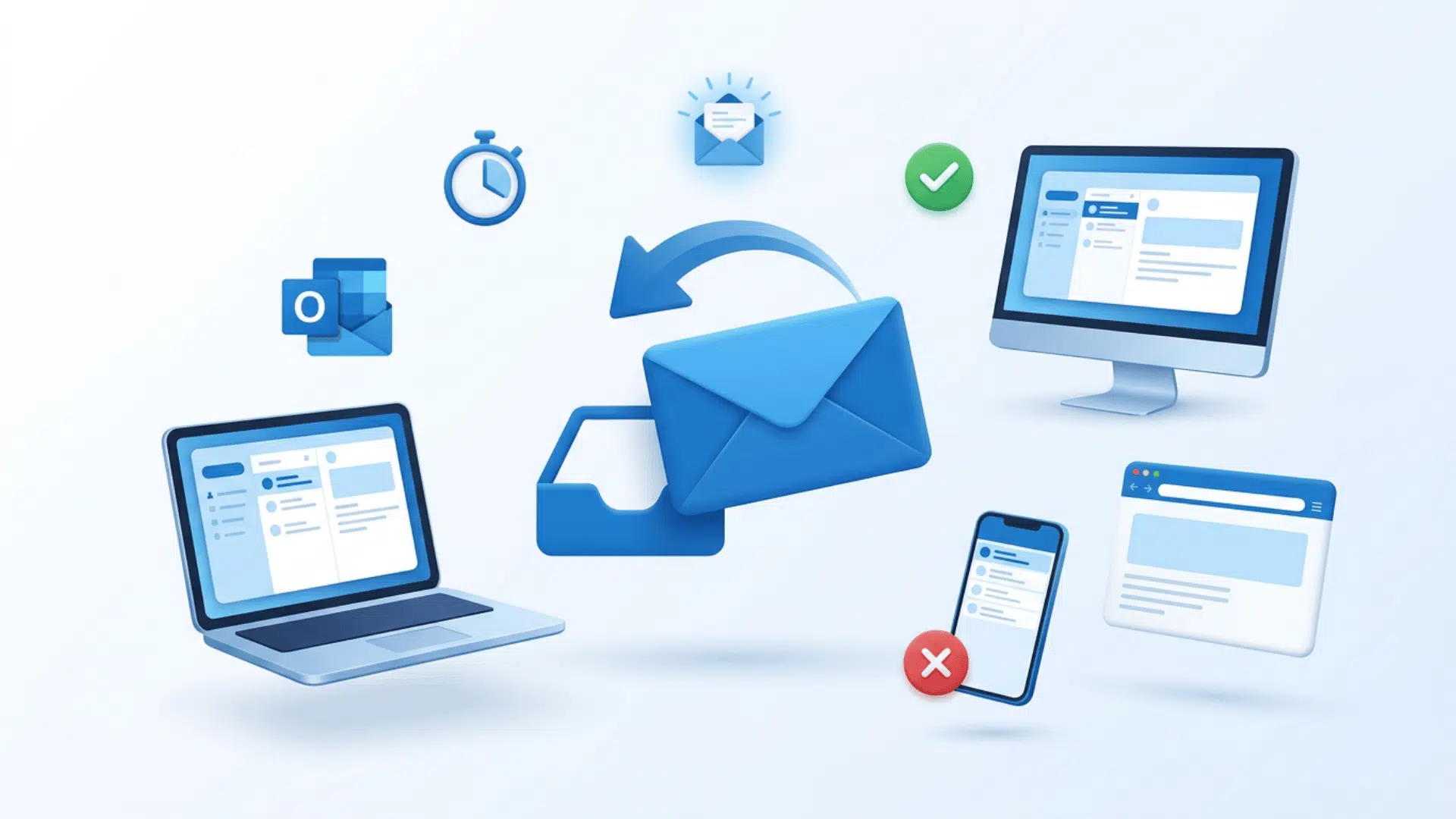 outlook email recall shown on a desktop, laptop, smartphone, and web browser app