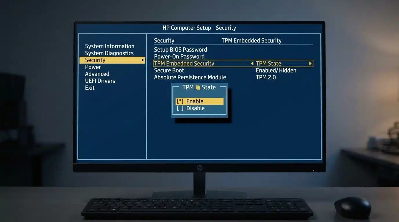 hp bios security menu showing tpm embedded security option enabled for activation steps