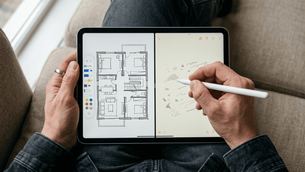 Hands holding an iPad with a split screen showing a design app and notes.