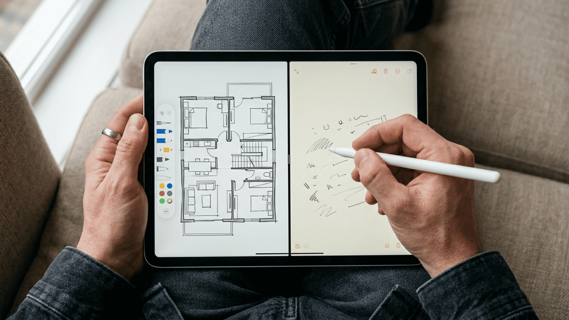 Hands holding an iPad with a split screen showing a design app and notes.