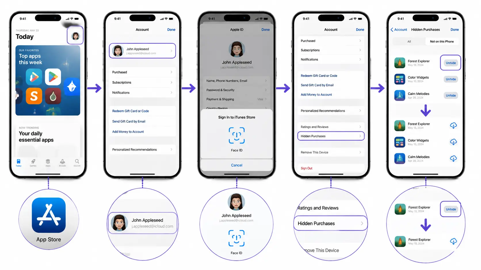 iphone app store tutorial showing how to unhide hidden purchases using account settings hidden purchases and unhide option