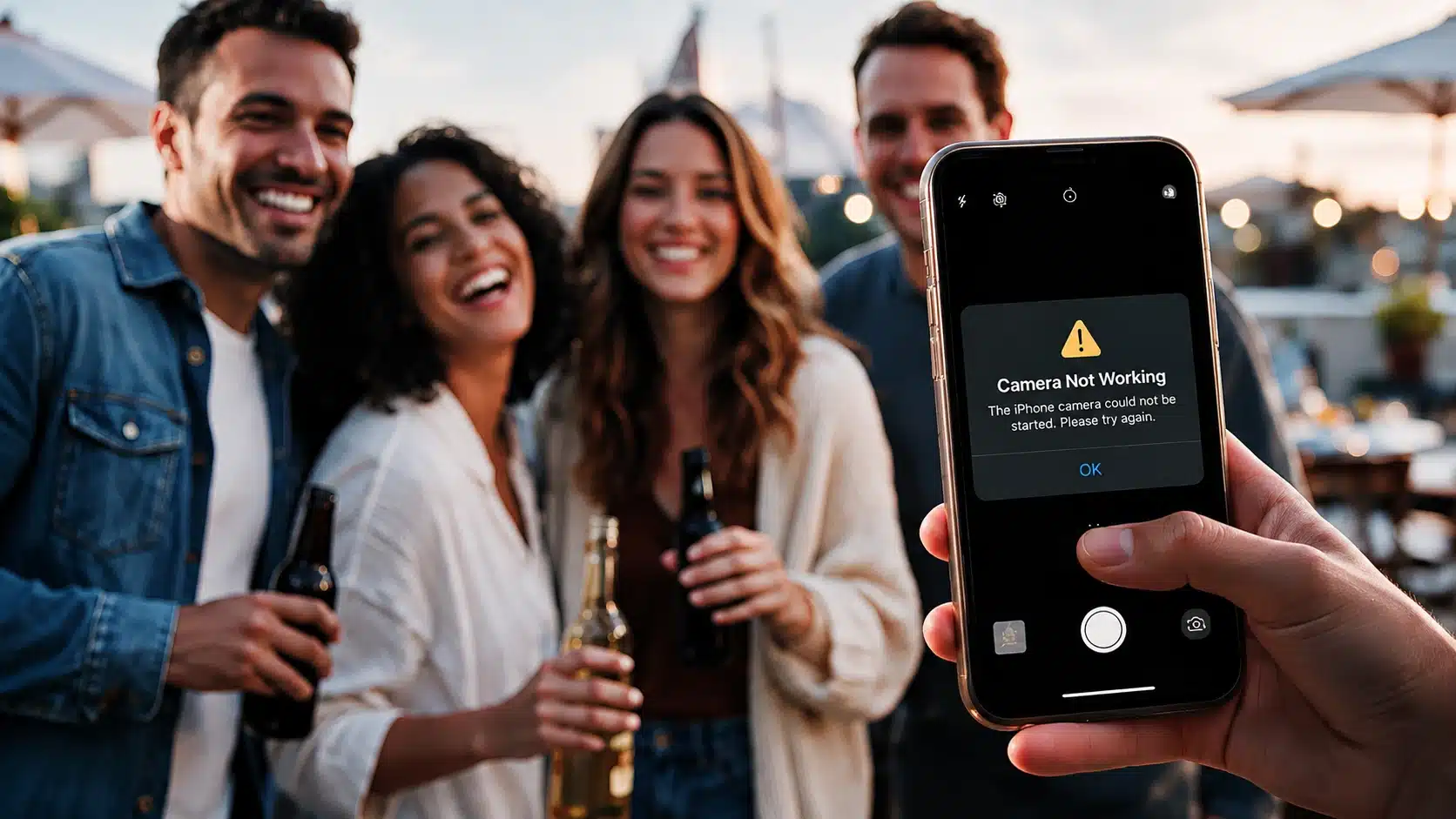 iphone camera showing not working alert while taking a group photo outdoors