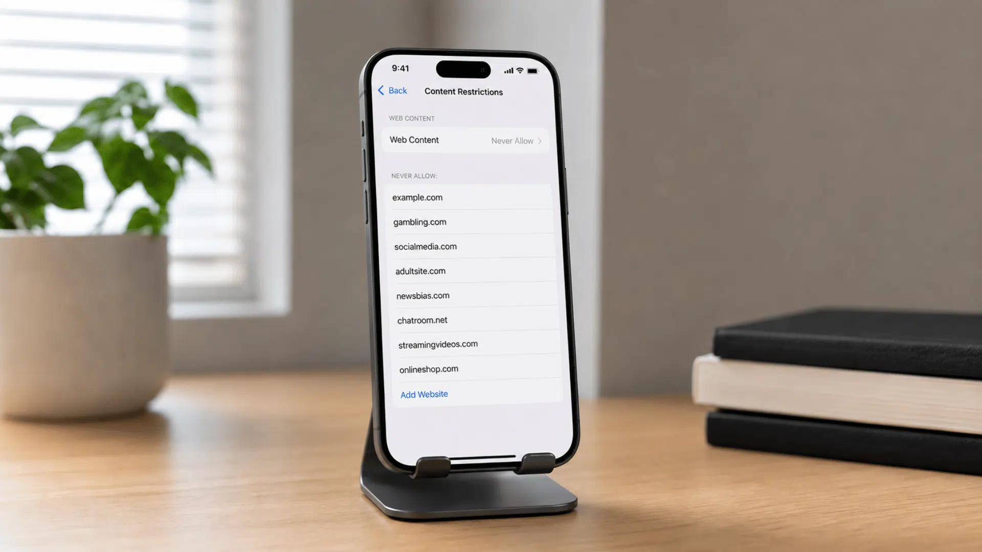 iPhone displaying several domains in the Never Allow website list