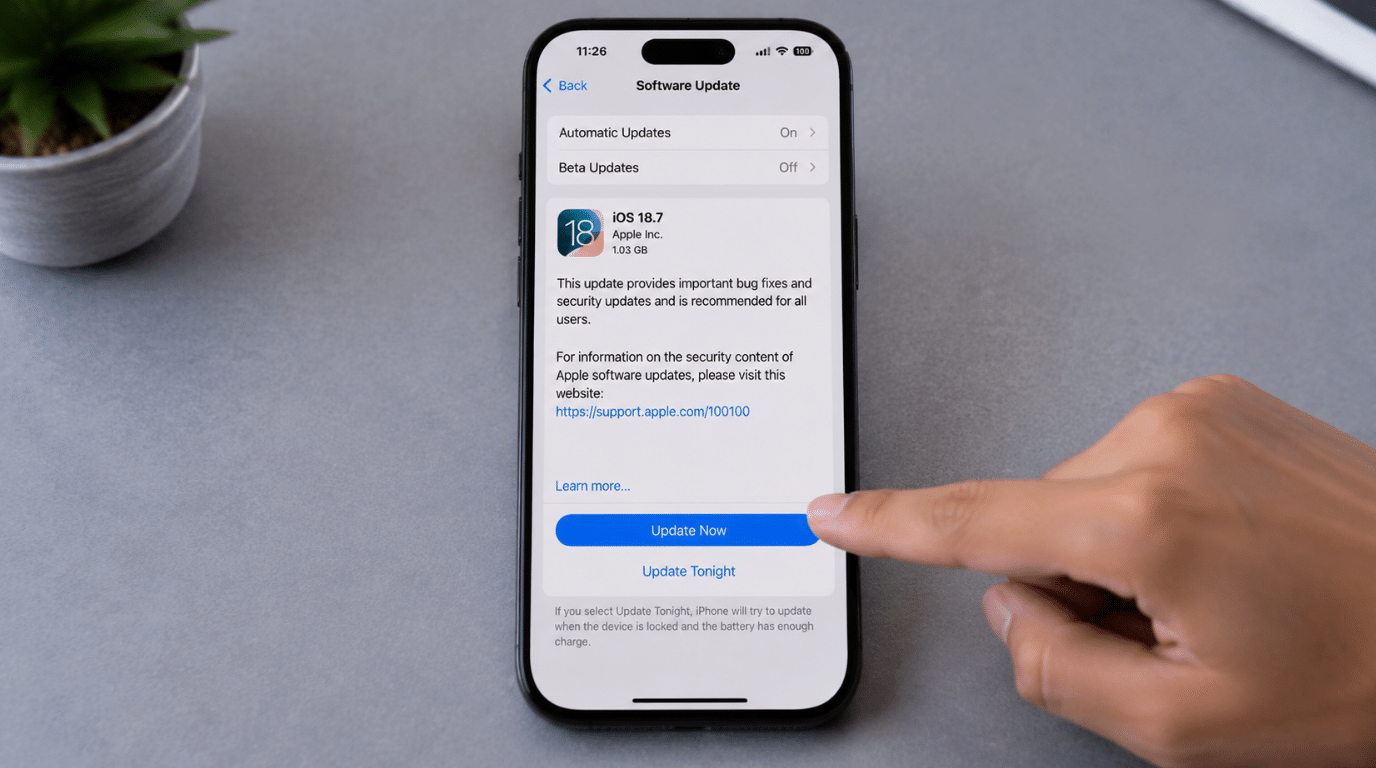 iPhone displaying Software Update screen with Update Now button being tapped on a gray desk surface
