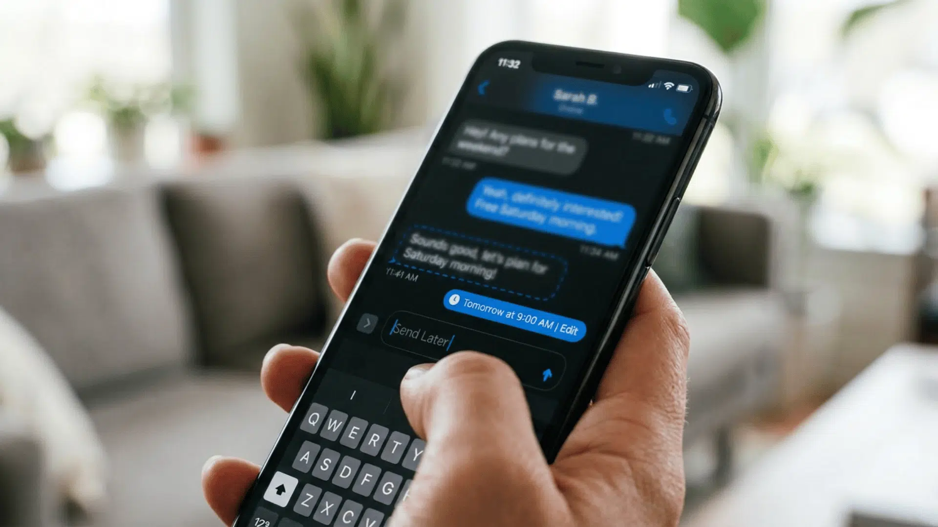 Hand holding an iPhone showing a scheduled message with dashed outline