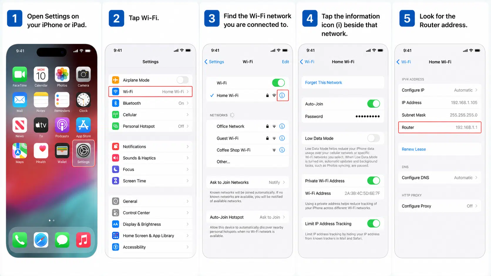 iphone settings screen showing wifi details with router address location for finding network gateway