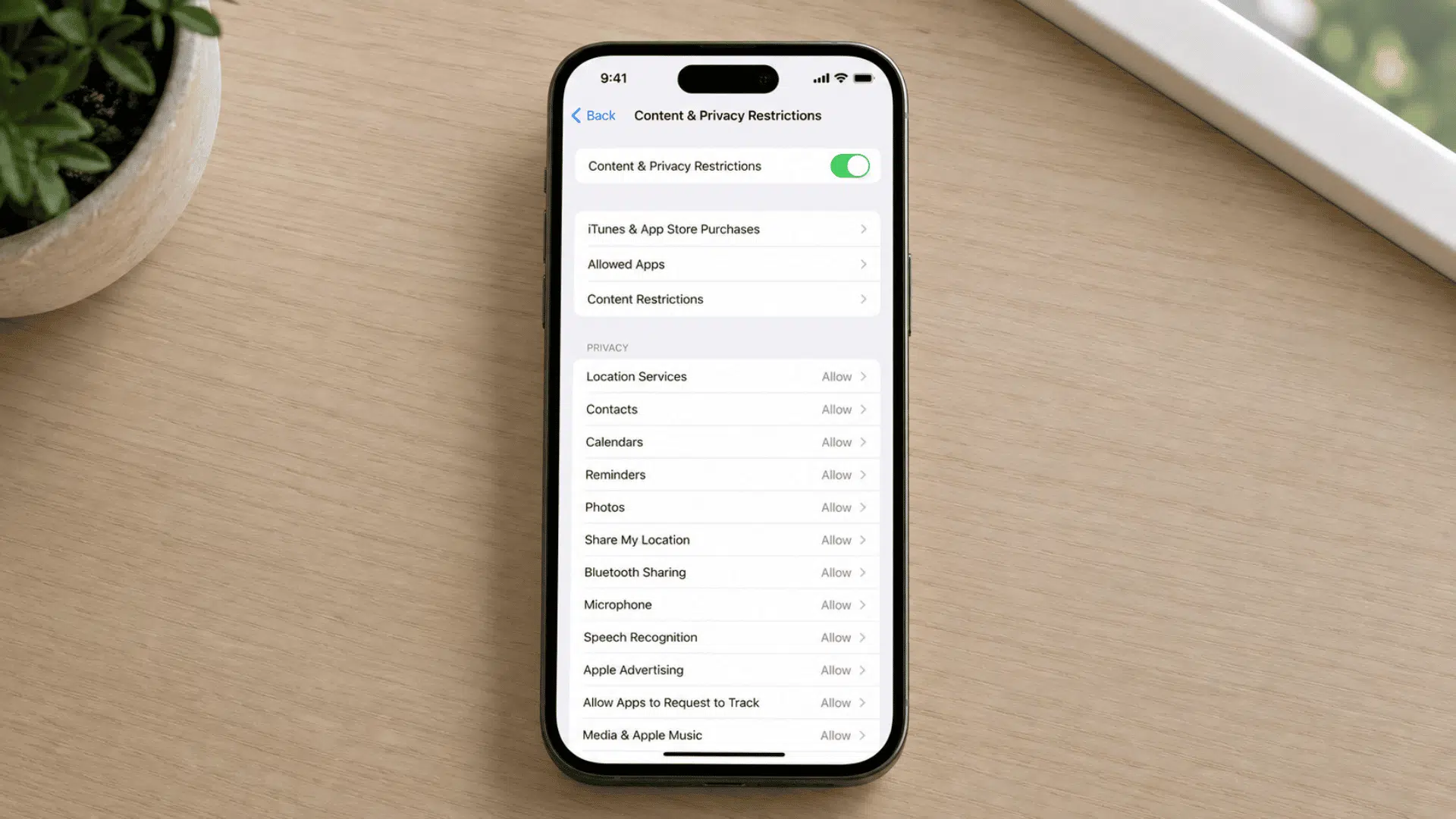 iPhone showing enabled Content and Privacy Restrictions settings