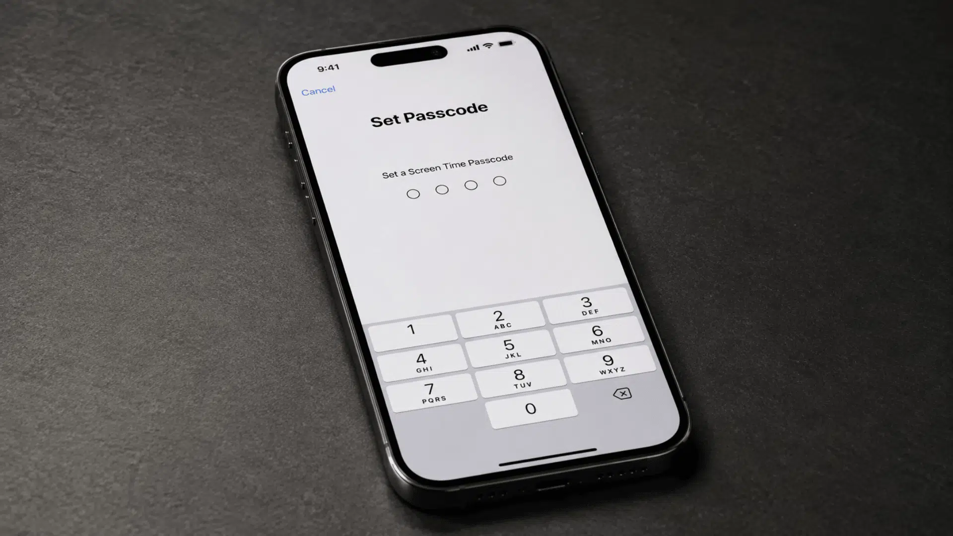 iPhone showing the four-digit Screen Time passcode setup screen