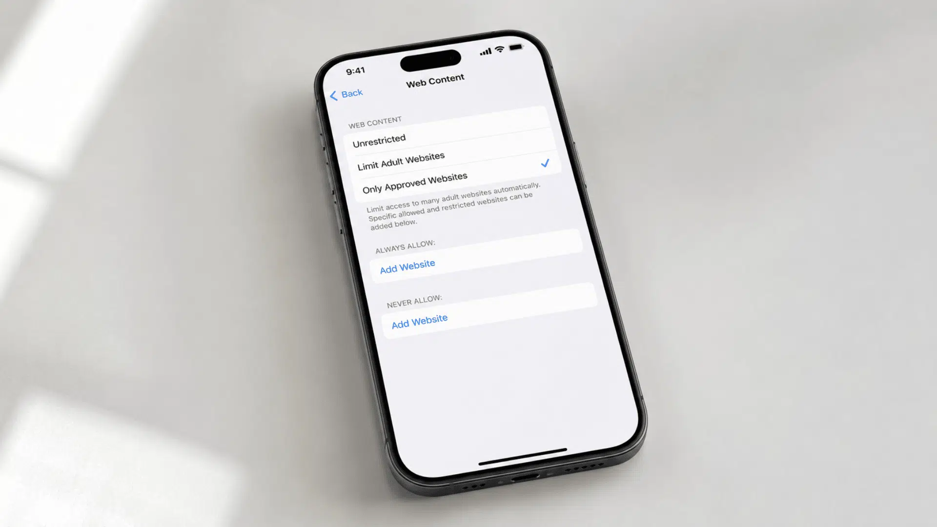 iPhone showing the Only Approved Websites restriction option