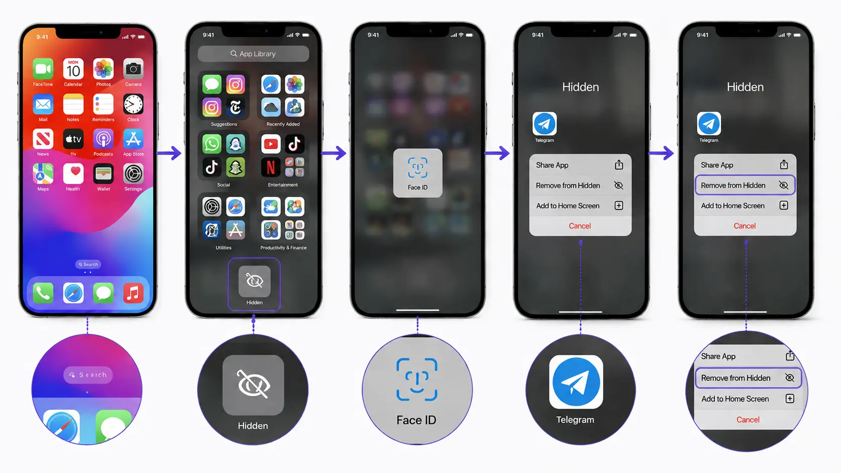 iphone tutorial showing how to unhide an app using app library hidden folder face id and remove from hidden option steps