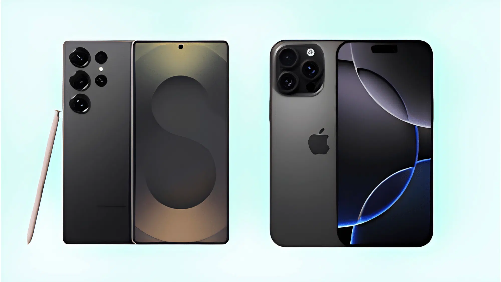 Samsung Galaxy Ultra with S Pen next to iPhone Pro showing front and back design