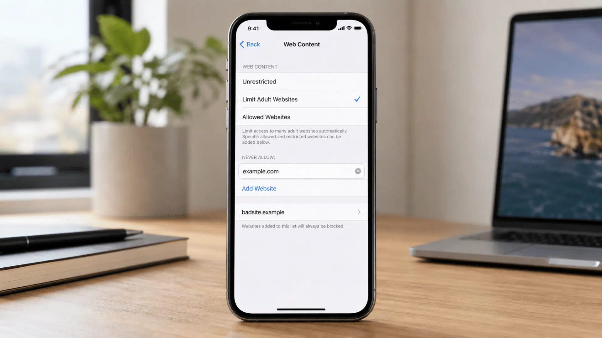 iPhone Web Content settings with a website added to Never Allow