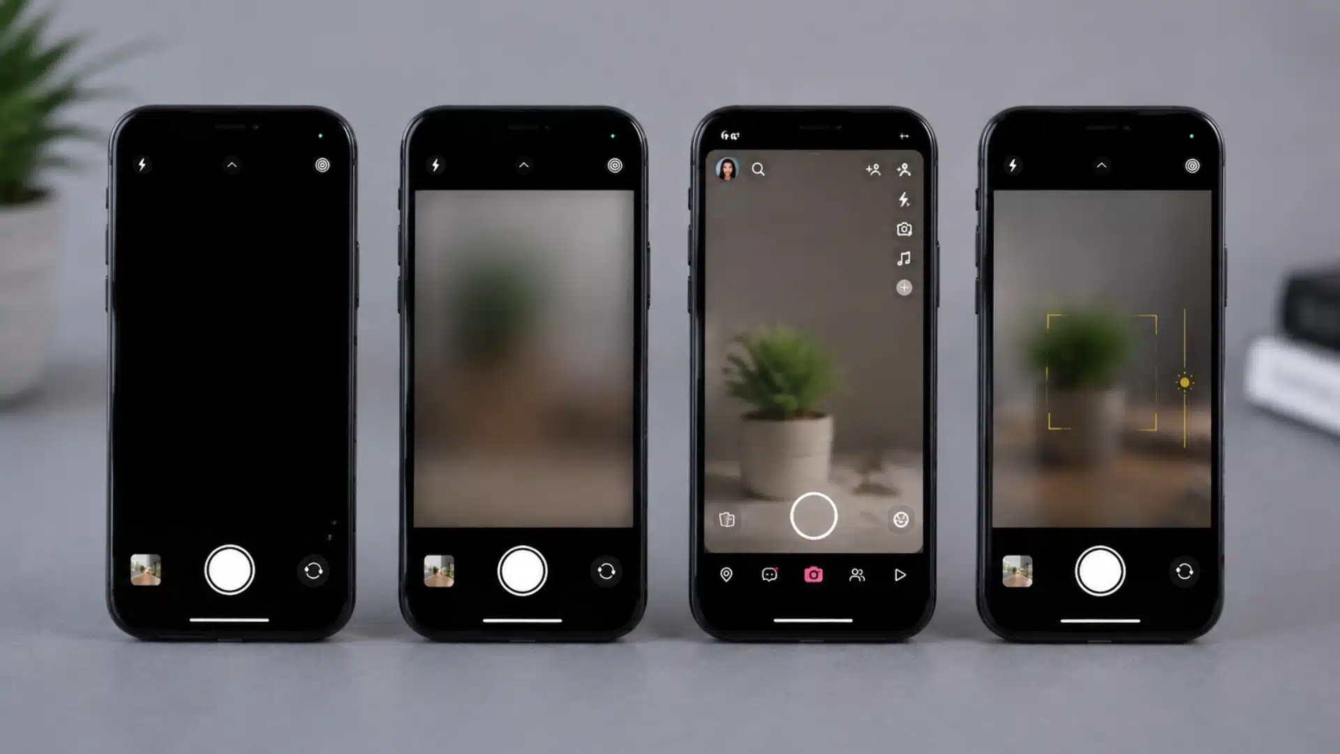 iPhones showing camera troubleshooting issues including black screen, blur, app failure, and focus problems
